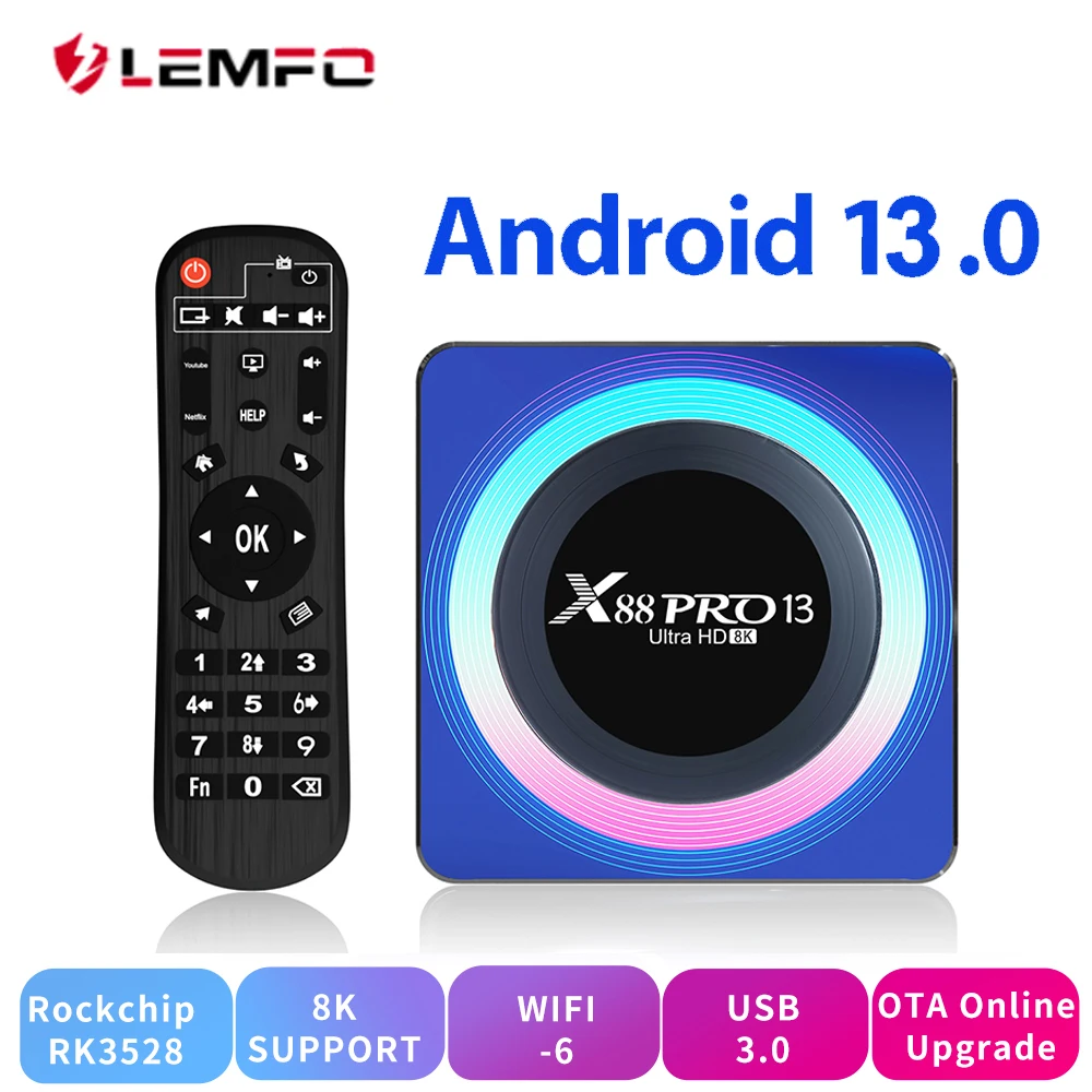 

LEMFO X88 Pro 13 акриловая ТВ-приставка с процессором RK3528, ОЗУ 4 Гб, ПЗУ 32 ГБ, 64 ГБ, Android 13