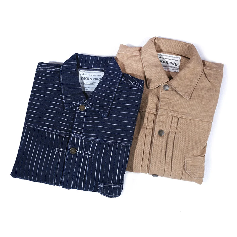

New Brand Men's Canvas Workwear Tooling Lapel Stripe Multi-pocket Denim Jacket Loose Casual Fashion Outerwear Spring Coat