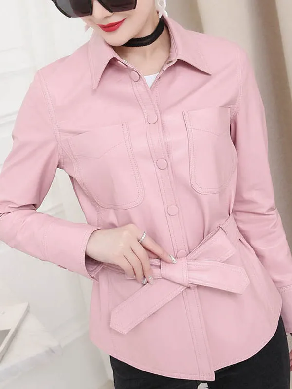 

Женская куртка из натуральной овечьей кожи, приталенная розовая ветровка с карманами и поясом, пальто из натуральной кожи, 2023