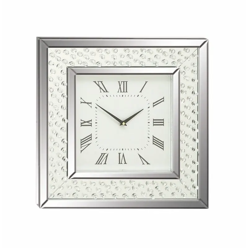 

Gorgeous Silver Mirrored Wall Clock with Elegant Floating Crystals, Stunning Wood Frame Home Decor.