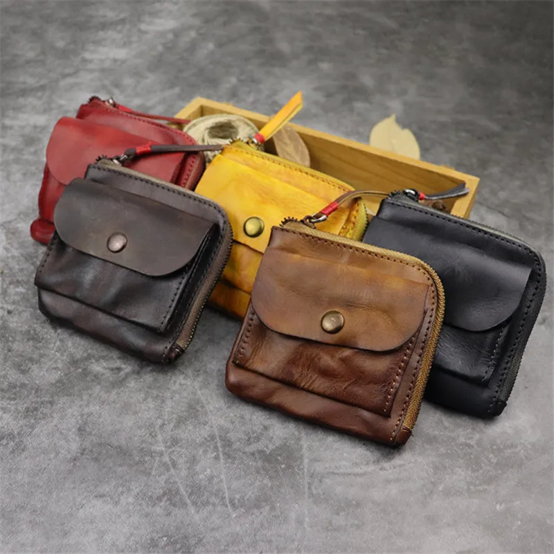 PNDME retro top layer cowhide coin purse designer luxury soft genuine leather small business card holder card key wallets pouch