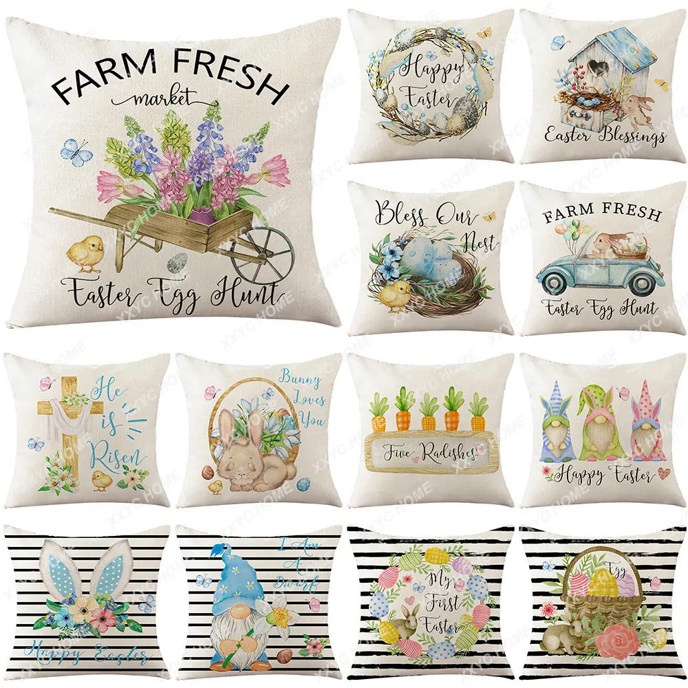 

Watercolor Striped Easter Pillow Cover Linen Home Printing Throw Pillowcase Rabbit Series Cushion