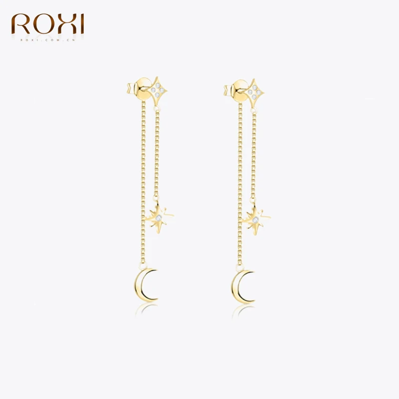

ROXI Punk SUN And Moon Tassel Pendant Stud Earrings For Women 925 Sterling Silver 1 Pair Piercing Earrings Jewelry pendientes