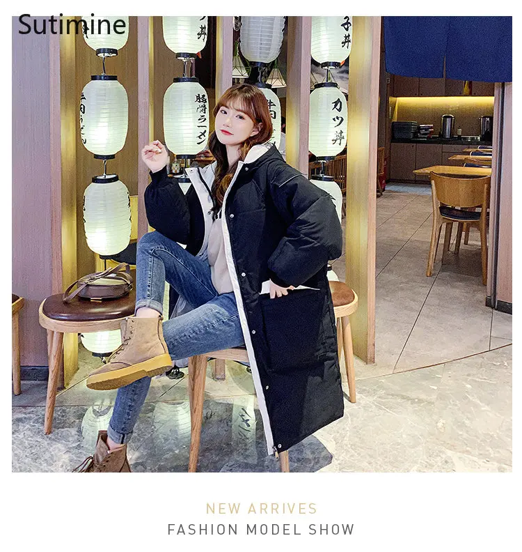 Long Down Jacket Women's College Style Thickened Loose Cotton Jacket Black Office Lady Winter Coat for Women Hooded Coat Women