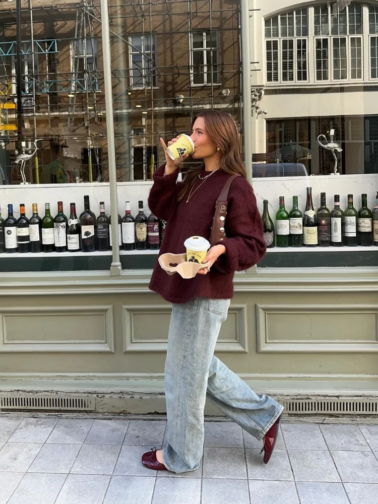 Осенний винтажный однотонный женский свитер с круглым вырезом повседневный