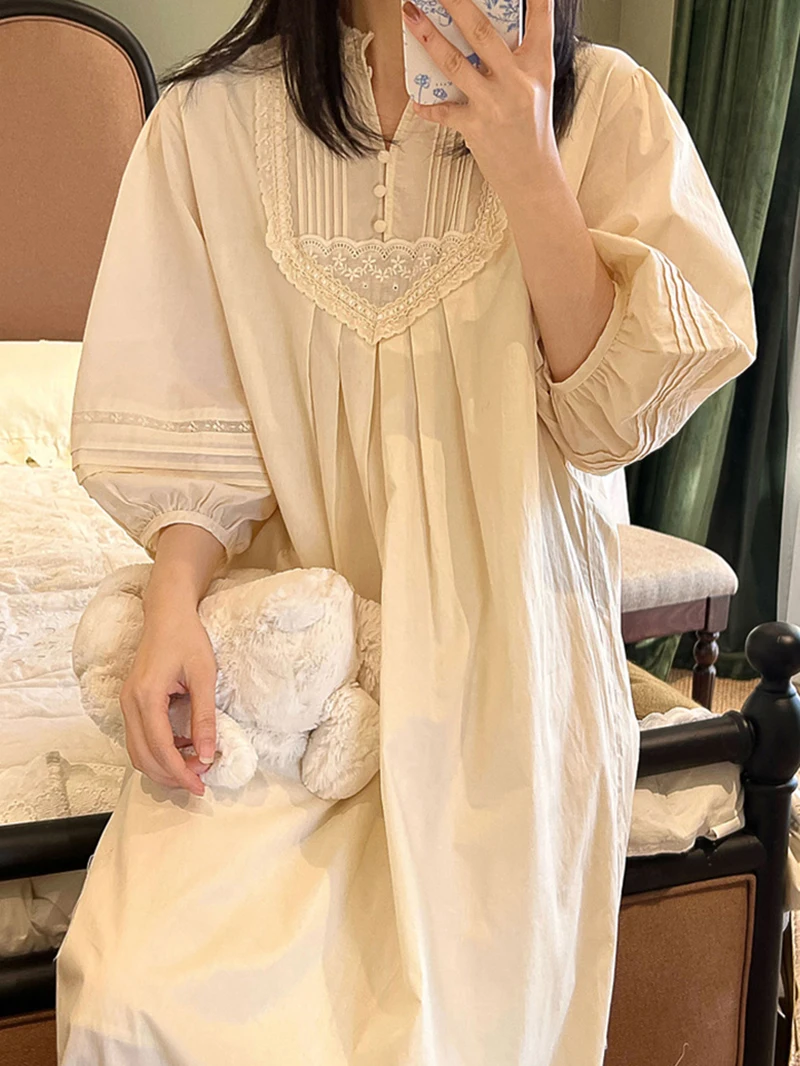 Victorian Vintage Nightdress Pure Cotton Fairy Loose Romantic Long Sleeve Spring Summer Princess Lace Pajamas Women Sleepwear