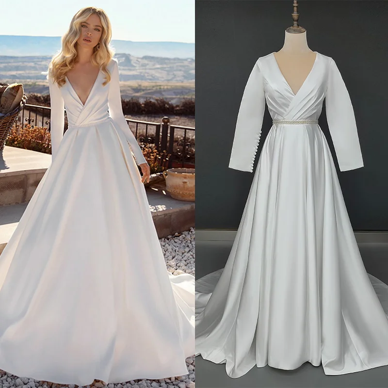

11583#Elegant Deep V-Neck Vintage Satin Court Train A-Line Long Sleeve Ruched Pleats Wedding Dress Wedding Gown Bridal Gown
