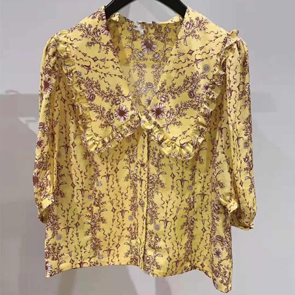 

Fashionable and Elegant Spring and Summer New Printed Bubble Sleeve Doll Collar Shirt Top