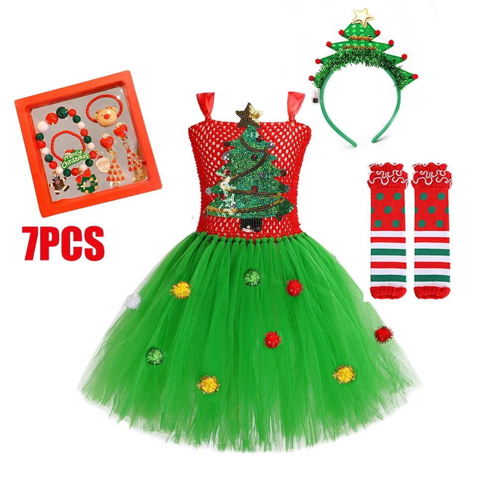 Kids Christmas Tutu Dress for Girl Green Costume Mesh Fluffy Vestidos Xmas Performance Children Clothing New Year Party Outfits