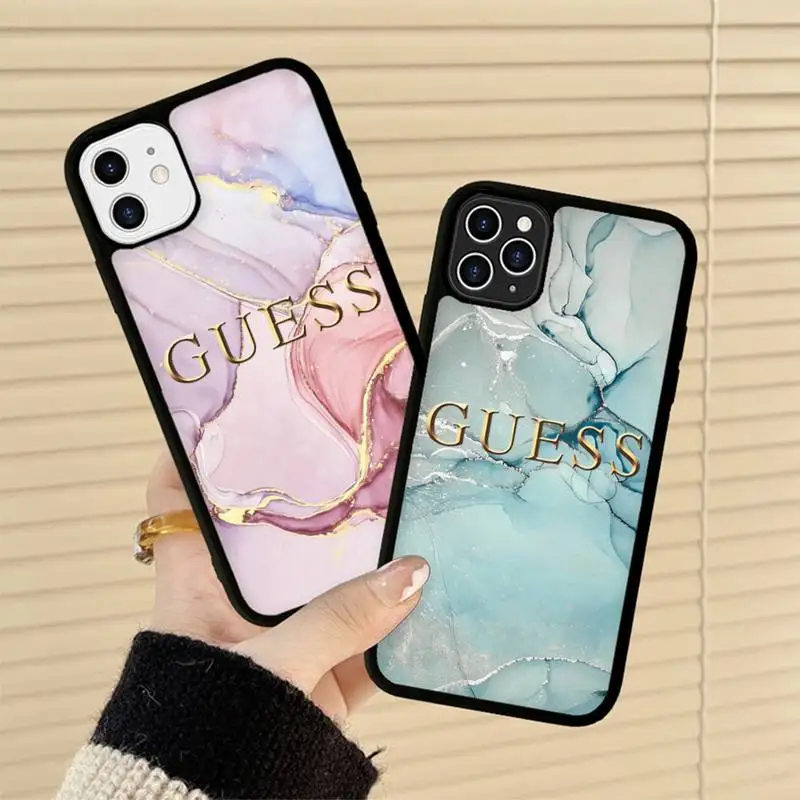 

Fashion Artistic Agate Marble Gold Bar Brand GUESS Phone Case Silicone PC+TPU Case for iPhone 11 12 13 Pro Max 8 7 6Plus X SE XR