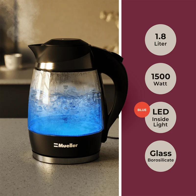 

Glass Kettle M99S, 1500W Kettle, Clear Glass with Blue LED Light, Auto Shut Off