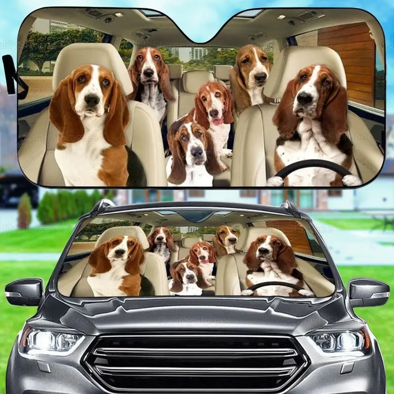 

Funny Basset Hound Car Sunshade, Dogs Family Sunshade, Dog Car Accessories, Car Decoration, Gift For Dad, Mom, Gift Owner Dog LN