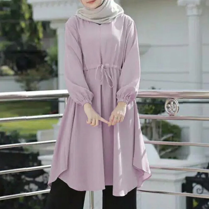 

Muslim Abayat Dress Solid Relaxed Long Sleeve Waistband Abaya Femme Short Women's Dress for Malaysia