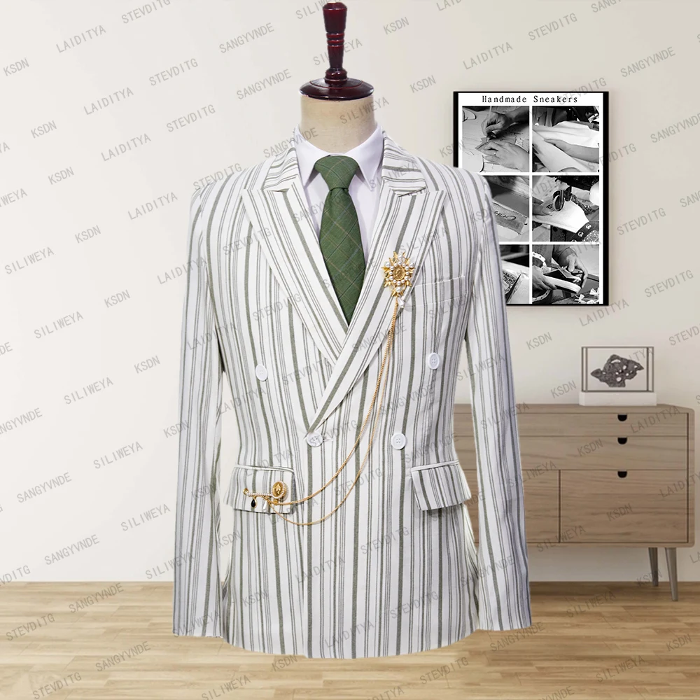 2023 Luxury Blazer Men's Set with Green and White Stripe Pattern Loose Groom Coat Park Leisure Party Slim Fit