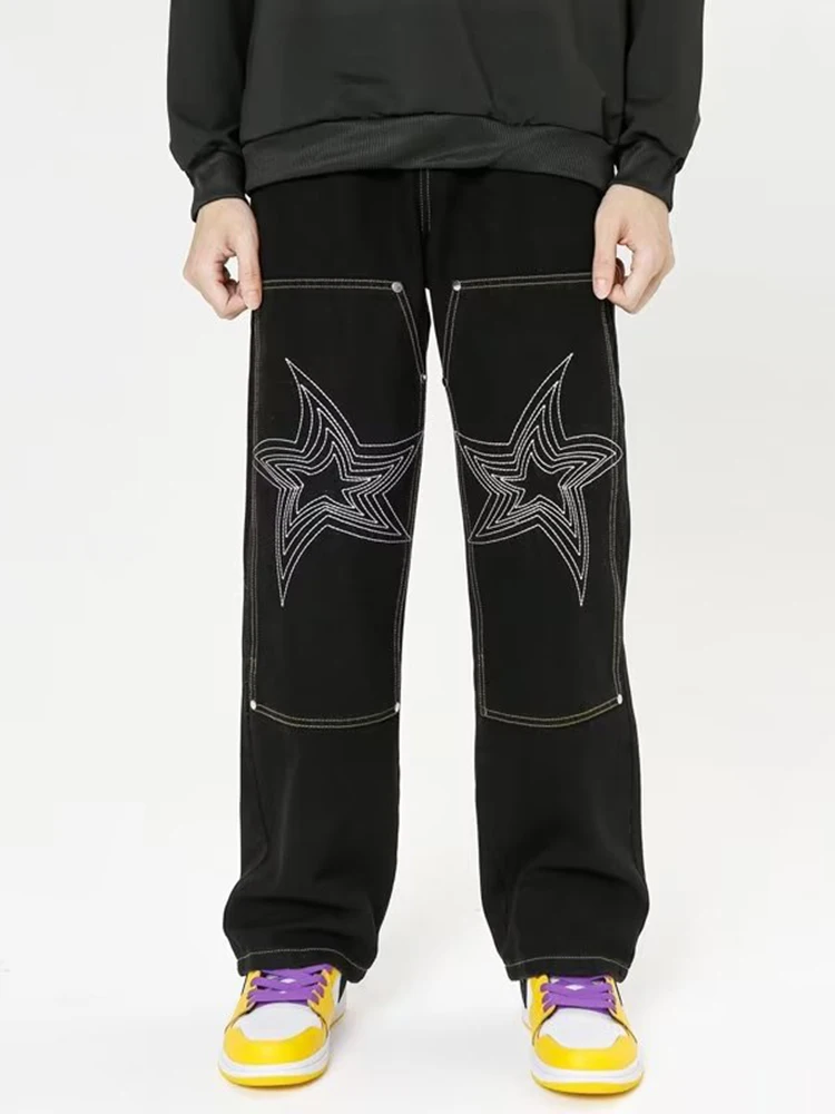 Four Seasons Men Pants Fashion Heavy Embroidery Black Loose Hip Hop Jeans Rap Aesthetics Y2k Clothes Plus Size Streetwear