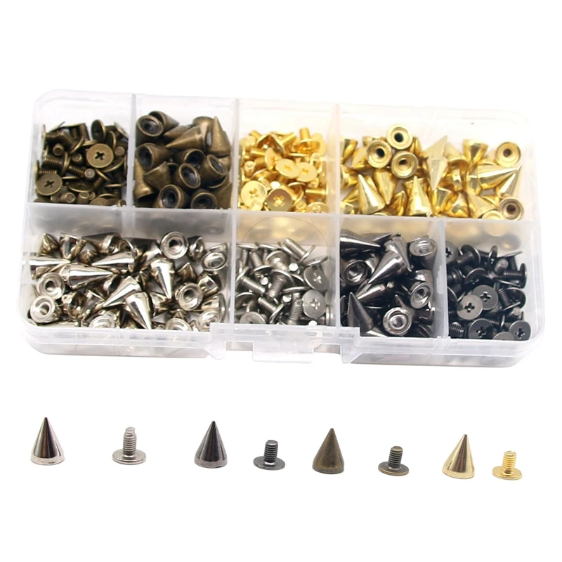 

160 Sets 10MM Mixed Color Spikes and Studs Kit Metal Cone Spikes Screw Back Leather Craft Rapid Rivet Screws Punk Studs