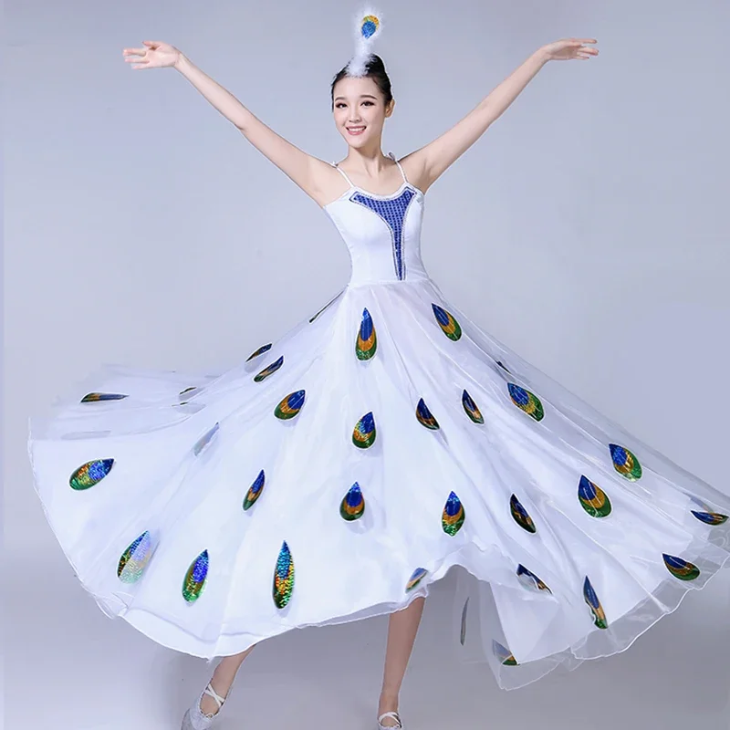 New Peacock Dance Big Swing Skirt Adult Performance Female Sparrow Spirit Yarn White Dai Opening 1 Piece