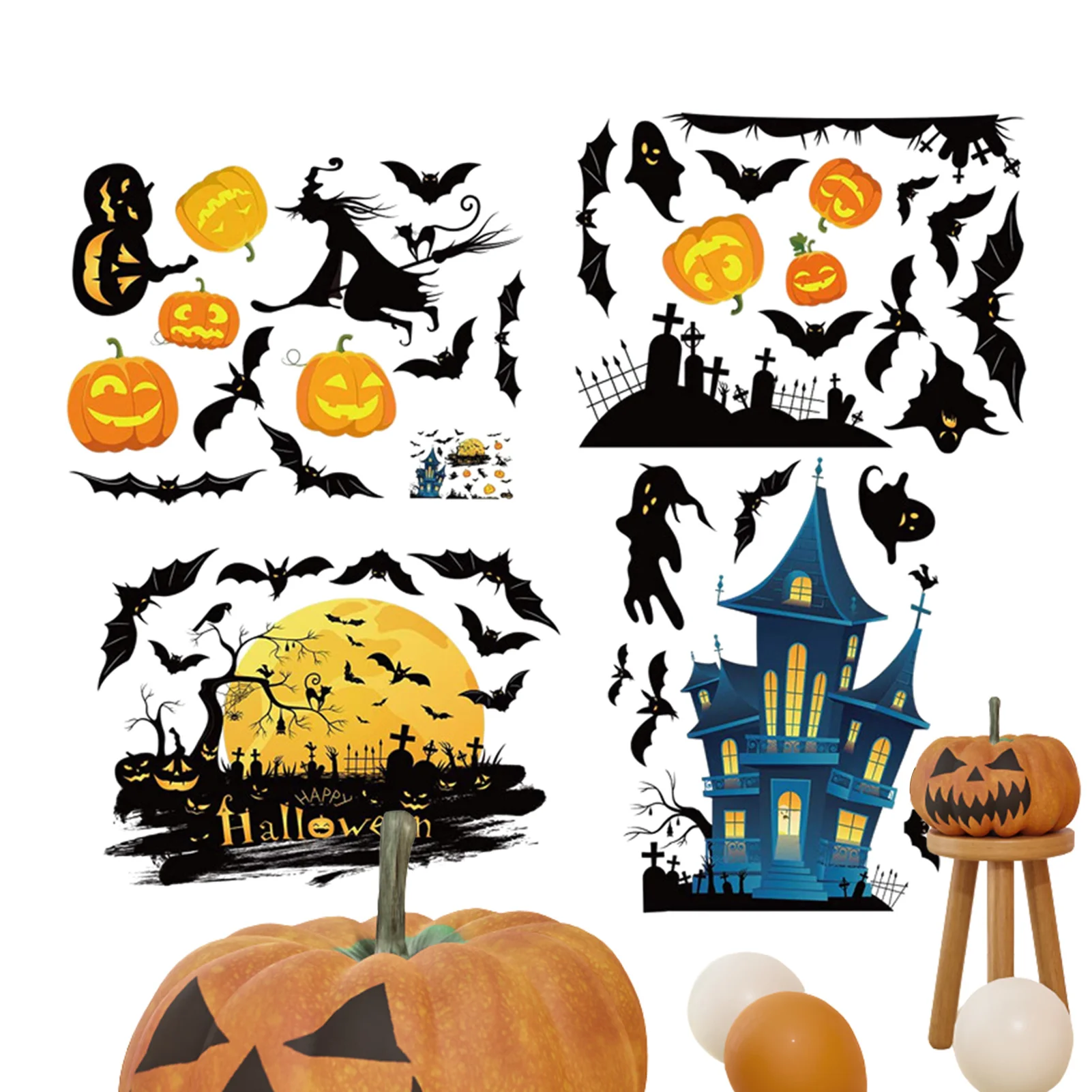 

Ужасные товары для вечеринки, украшение для окна на Хэллоуин, дверь, настенное украшение, наклейка с ведьмой, искусство, 4 листа