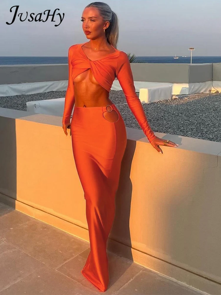 Осенний пикантный костюм Jusahy до щиколотки с юбкой в стиле High Street K24S55243 однотонный