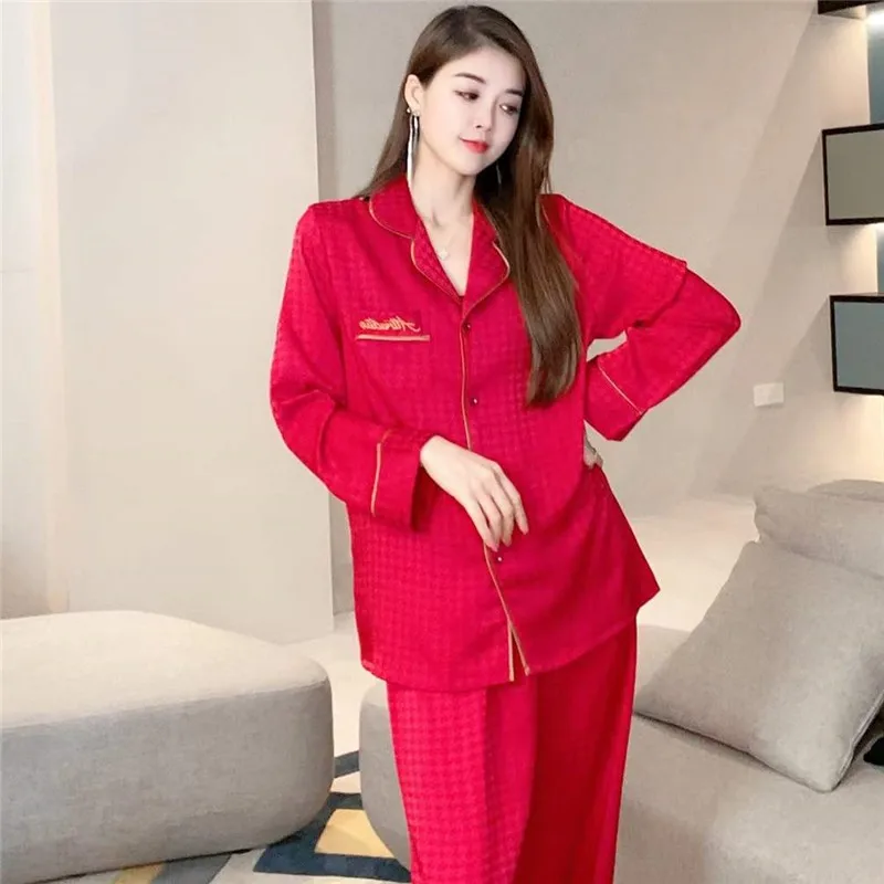 2022 New Spring and Autumn Long-sleeved Silk Ice Silk Women's Pajamas Jacquard Pajamas for Women Houndstooth Homewear Suit