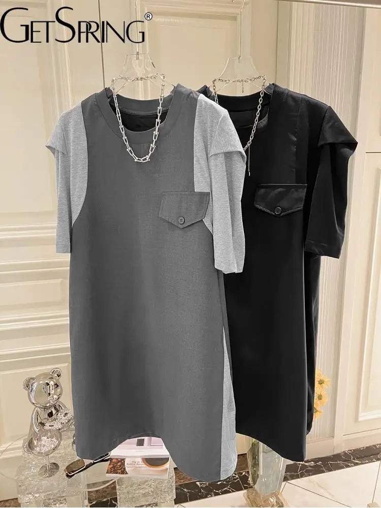 

GetSpring Women Dress 2022 Patchwork Pleated Sleeve False Pocket Long Dresses Loose Leisure Short Sleeve Summer Dresses Fashion