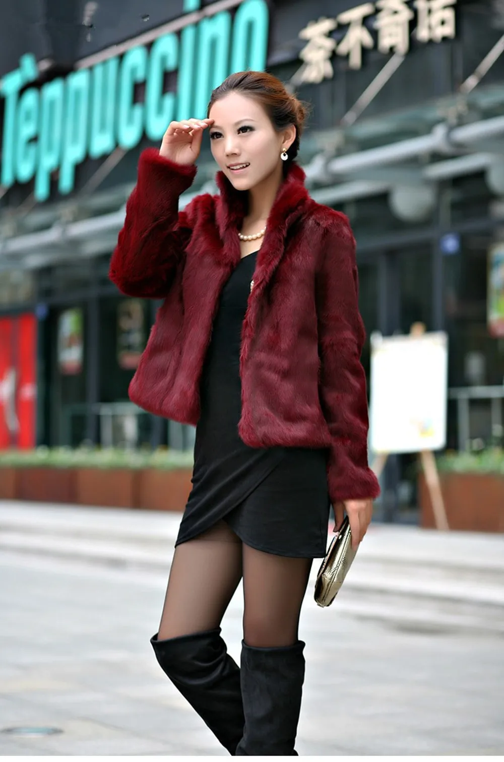 

Women's Faux Fur Slim Coat Fur Fashion Long Sleeves Stand Collar Fur Coat Plush Jacket Female Imitation Rex Rabbit Fur