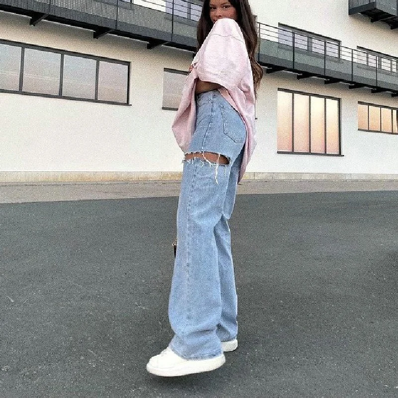 2023 New Summer New Fashion Ripped Hole Washed Casual High Waist Straight Jeans Women's Mother Jeans Thin Street Women's Pants