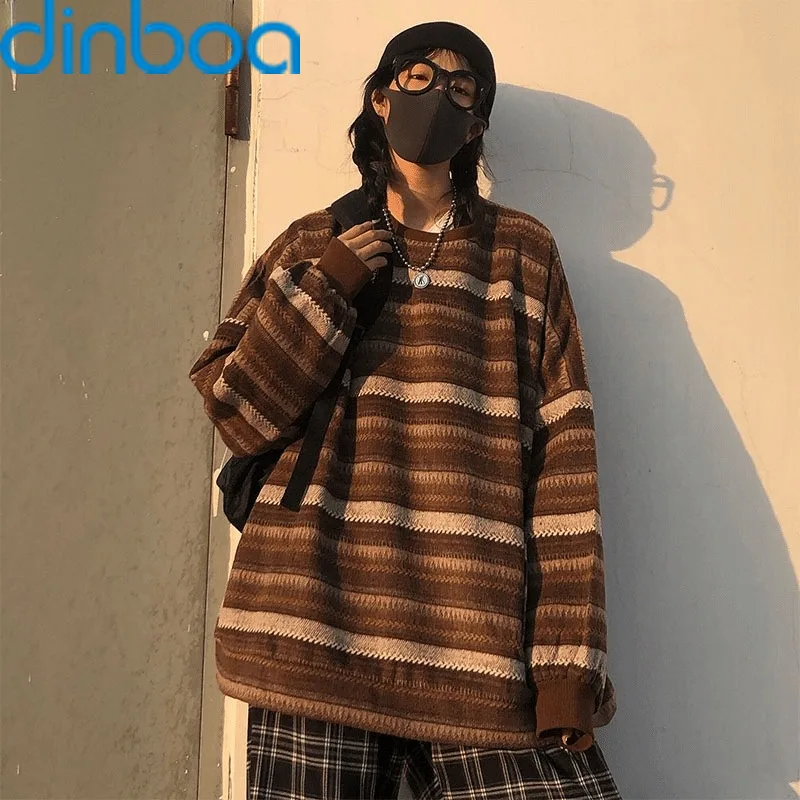 

Pullovers Women Men Oversize Sweater Plus Size Warm Hip Pop Ulzzang BF Unisex Casual Striped Knit Young Girl Fashion Retro Daily