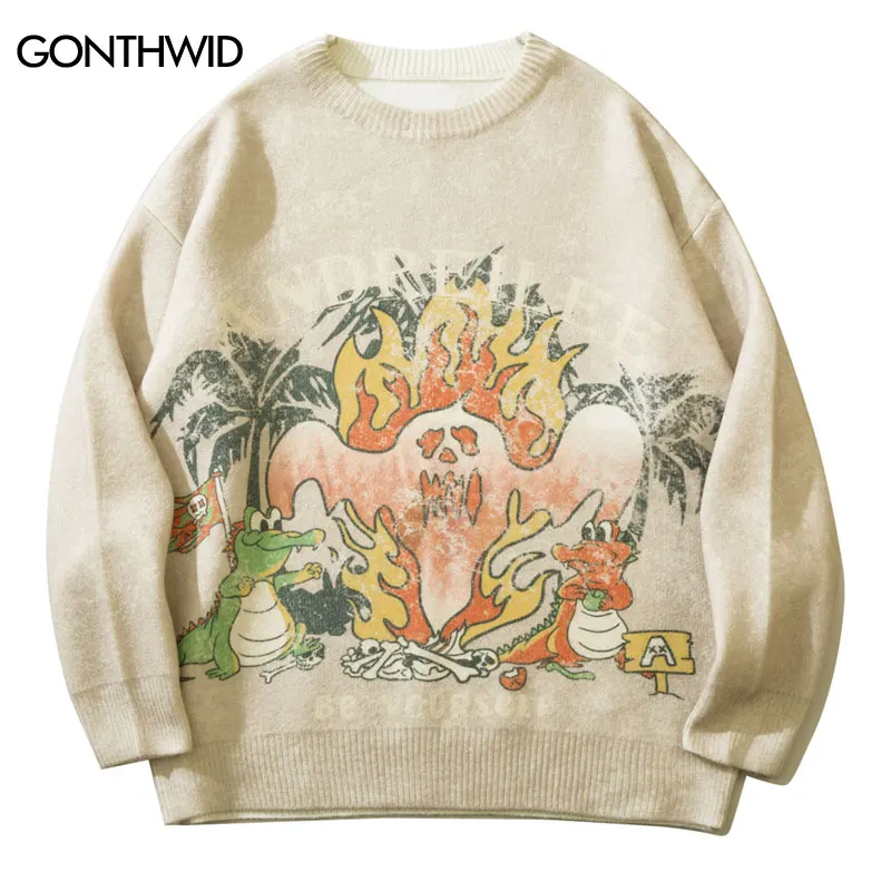 

Мужской винтажный свитер Y2K, уличный вязаный джемпер с забавным крокодиловым призраком и пламенным принтом, Повседневный пуловер в стиле хи...