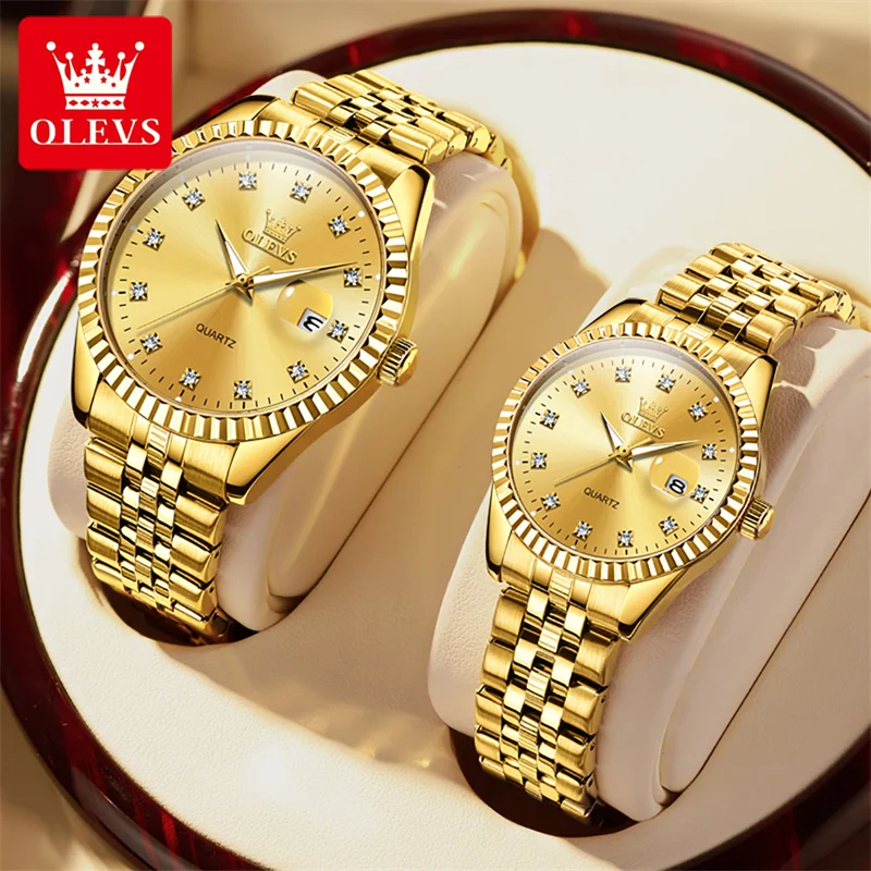 OLEVS Watch Sets For Her And Him Diamond Business Stainless Steel Male Female Wristwatches Couple Items For Lovers Relogio