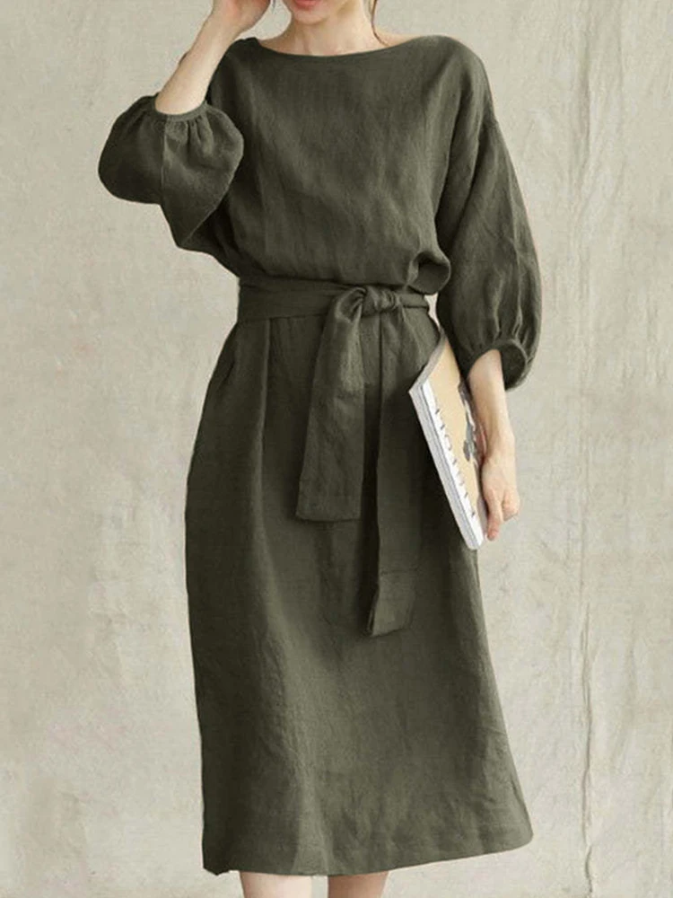 

Женское офисное платье средней длины, простое свободное Повседневное платье с поясом и круглым вырезом, пуловер с рукавом 3/4, летние винтажн...