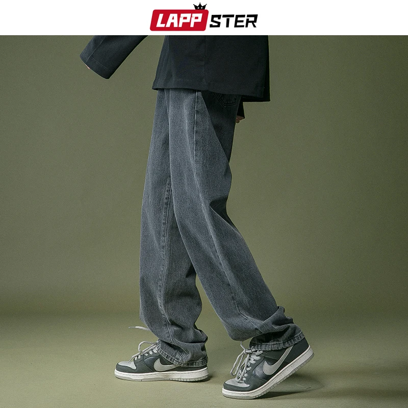 LAPPSTER Men Black Baggy Jeans Streetwear 2022 Harajuku Casual Straight Pants Male Loose Streetwear White Graphic Denim Pants