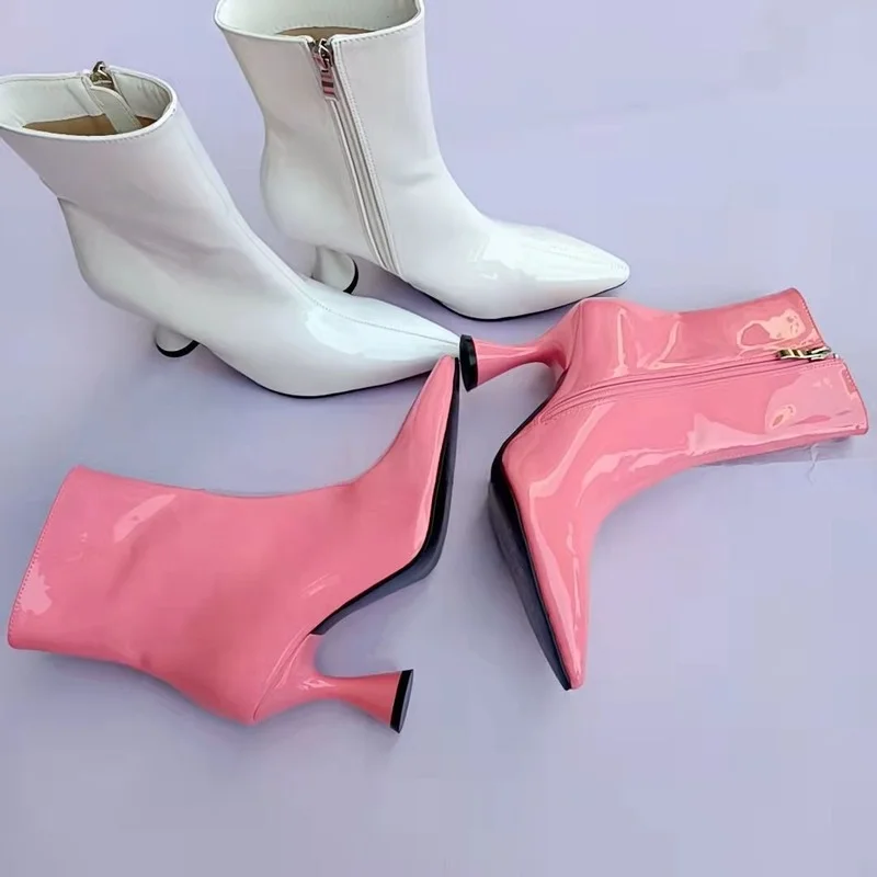 2022 Boots for Women Fashion Pointed Patent Leather Candy Color Solid Mid Boots Thin Heels Brand High Heel Women's Ankle Boots