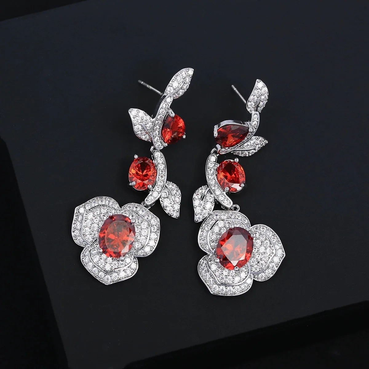 

Retro Elegant Camellia Ruby Cubic Zircon Unusual Earrings For Women Rose Flower Long Dangle Earring Baroque Vintage Jewelry