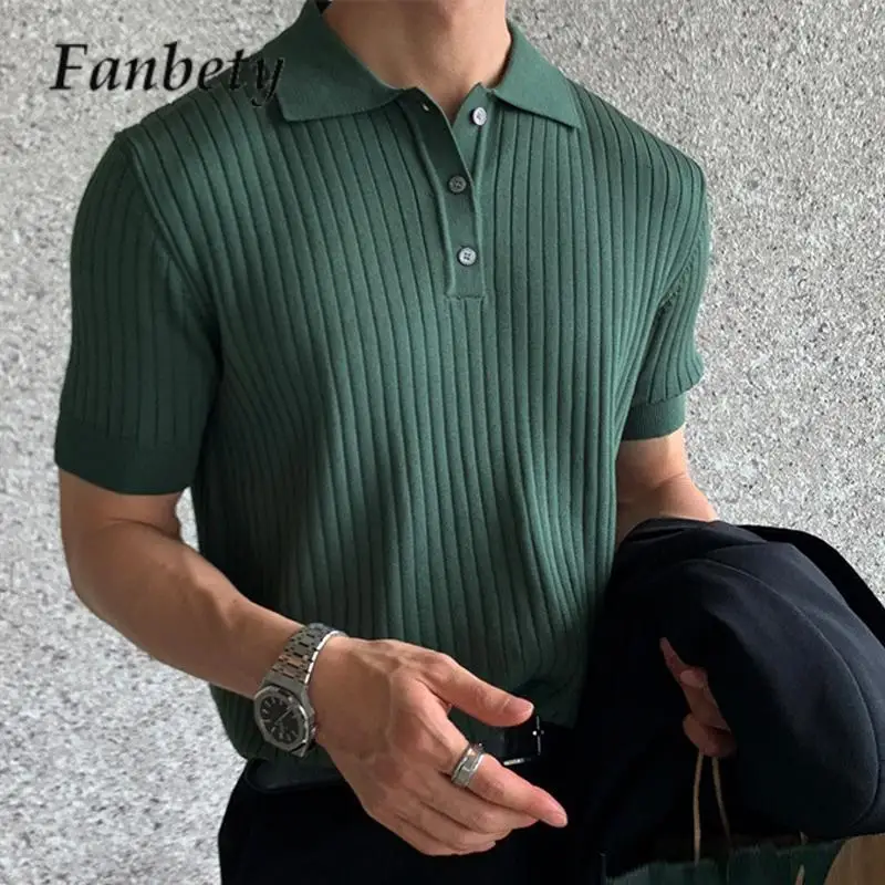 

Fashion Knit Ribbed Men's Polo Shirt Summer Turn-down Collar Short Sleeve Slim Polo Tops Casual Button Solid Color Men Clothes
