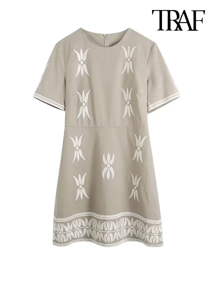 

TRAF Women Fashion Contrast Embroidery Mini Dress Vintage Short Sleeve Back Zipper Female Dresses Vestidos Mujer