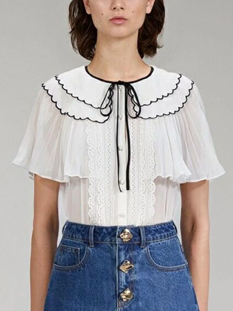 

Women's Shirt Bow Tie Peter Pan Collar Flying Sleeve Sweet Blouse