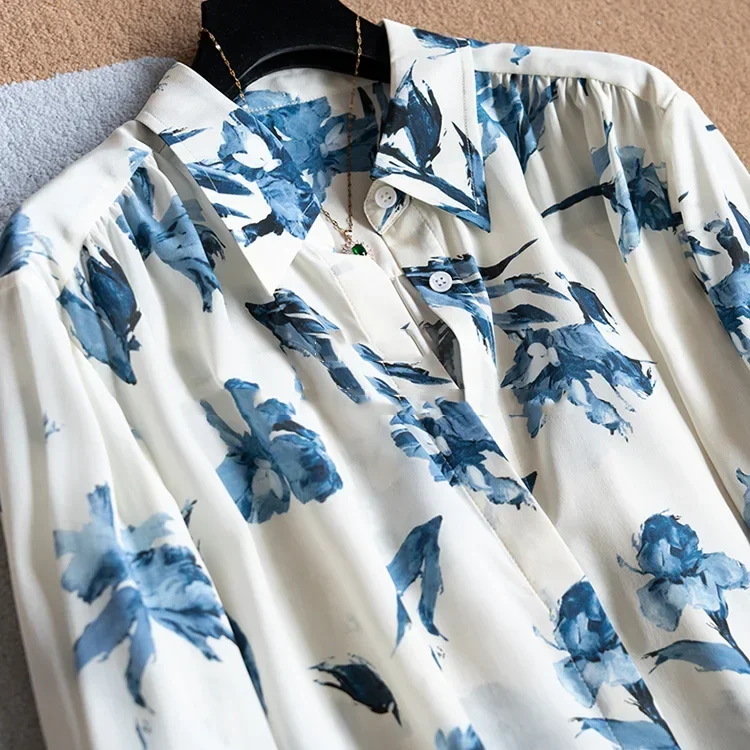 Женская Повседневная Рубашка С Цветочным Принтом Синяя Офисная Блузка Длинным
