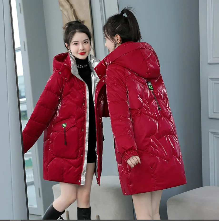 

Beardon Winter Women's Coat 2022 New Glossy Thickened Hooded Medium Long Parkas Down Cotton Jacket Warm Outerwear