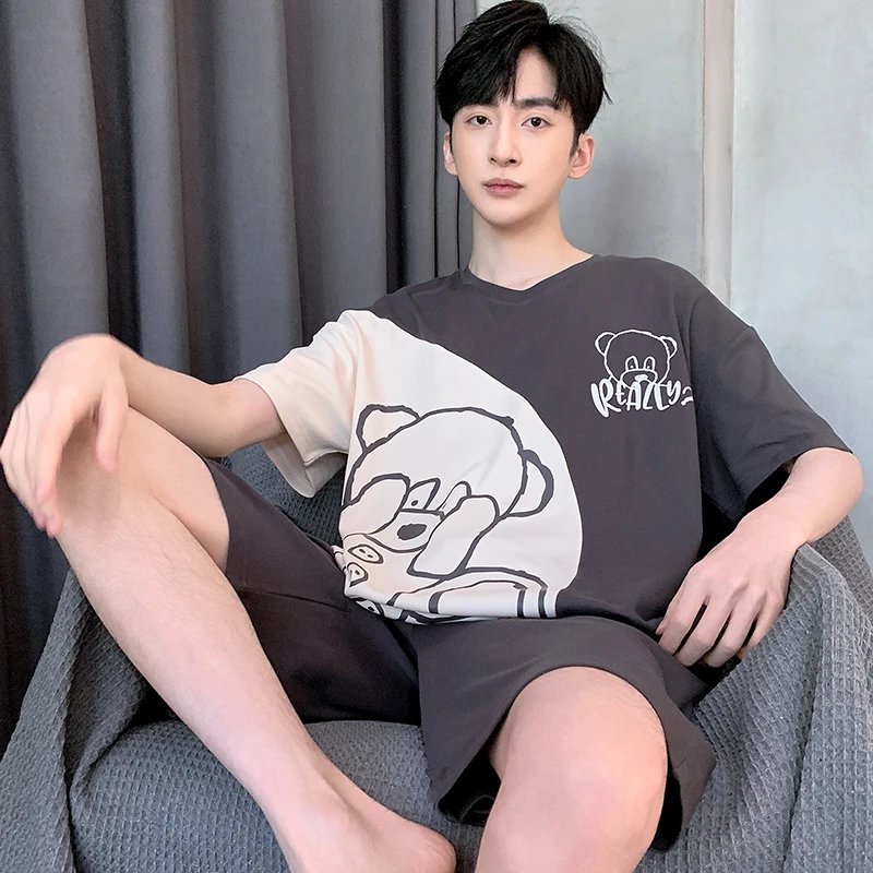 

Summer Men's Pajamas Set Cotton Short Sleep Tops Pant Sleepwear Male Home Suit Homewear Cute Bear Pyjamas 2 Pieces Set Korean
