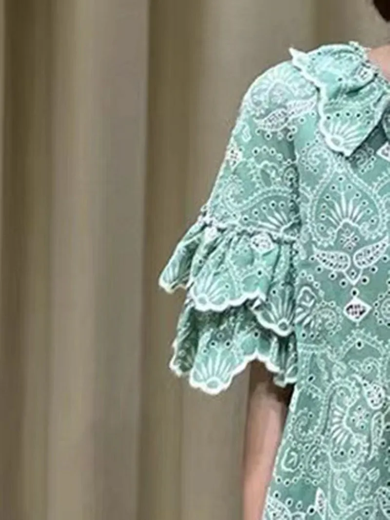 

Hollow out Embroidery Women Green Dresses 2022 New Ruffles Peter pan Collar Loose Female Robe