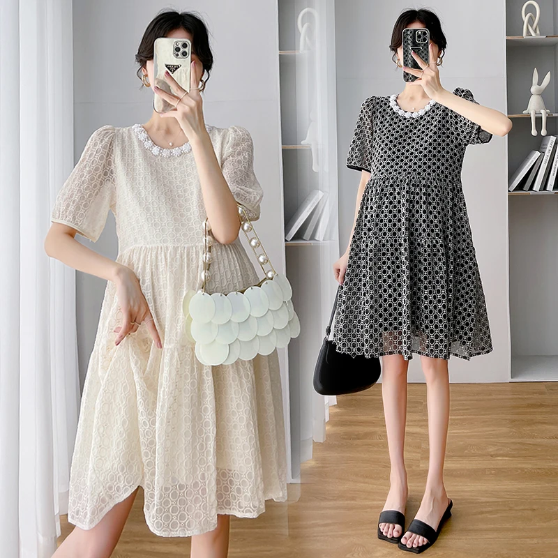 

Fashion Maternity Embroidery Dress Summer Short Sleeve Lace Patchwork O-Neck Pregnant Woman Polka Dot Dress Pregnancy Mini Dress