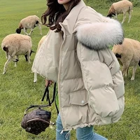 women bread clothing korean solid color parkas simple student loose cotton coats winter fur collar hooded thicken warm jackets