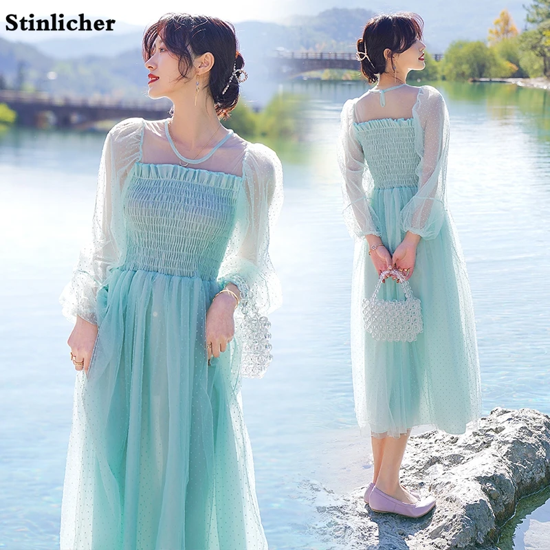 

Sweet Summer Polka Dot Pleated Mesh Dress Women Fashion Holiday Long Sleeve Ruffle Green Party Maxi Long Dress Female Vestidos