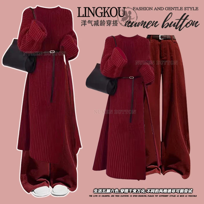 Plus size Autumn and Winter Casual Set Women High-Grade Split Long Knit sweater High Waist Slimming Wide Leg Pants Two-piece