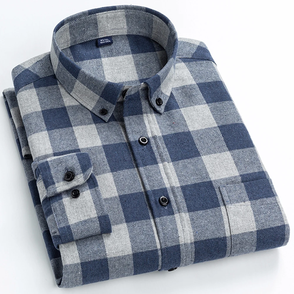 

Men's Fashion Brushed Plaid Checkered Button-down Shirts Single Pocket Long-Sleeve Standard-fit Casual Flannel Gingham Shirt