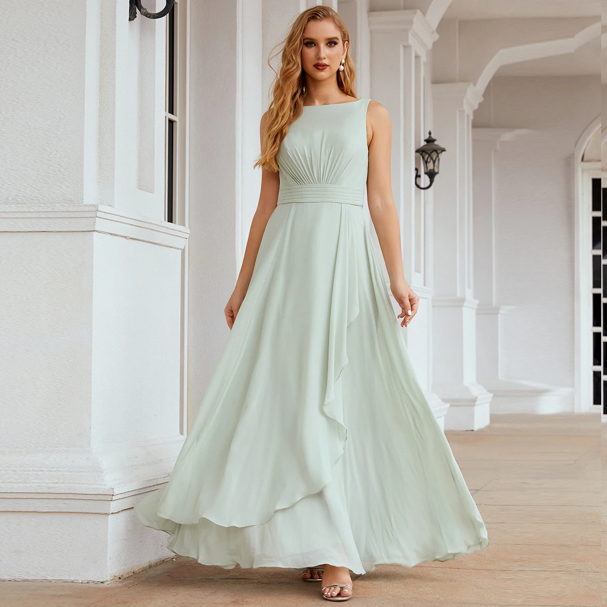 

FEELTIMES Blue Bridesmaid Dresses Women's Elegant Princess Bateau Cheap Ceremony Chiffon Long Wedding Party Gowns