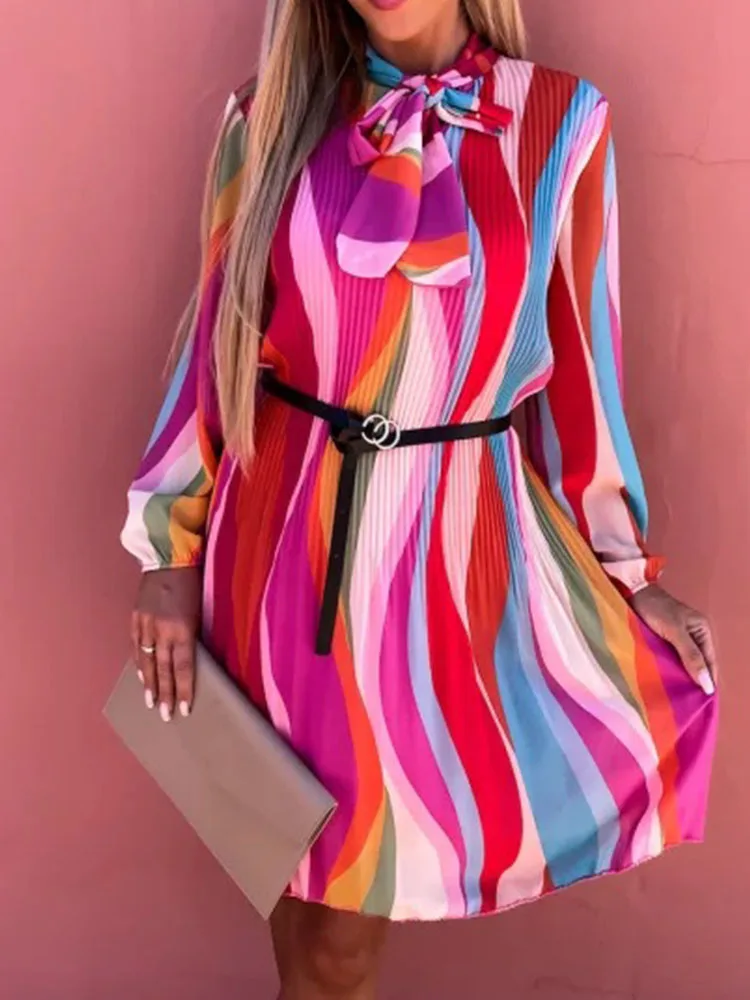 

Spring Elegant O Neck Bow Tie Shift Dress Women Fashion Rainbow Striped Pleated Cocktail Party Dress 2022 Chic Office Mini Dress
