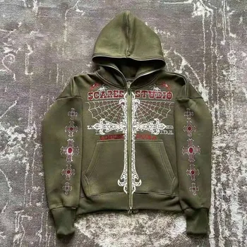 New Y2K tide brand cartoon spider web print camouflage stitching cardigan zipper hoodie youth trend casual sweater 1