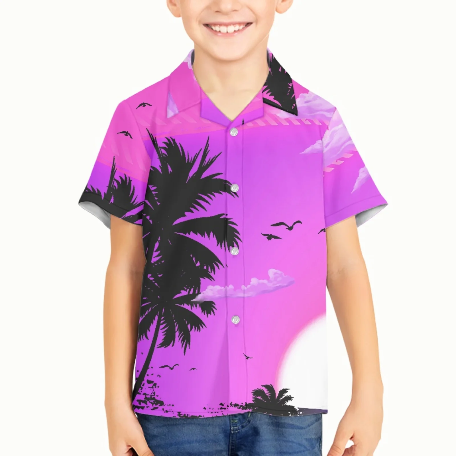 Pink Samoa Hawaiian 5-12 Boys' Summer Polynesian Printed V-Neck Boys' Shirt Polyester Cotton Beach Pell-Proof Short-Sleeved Shir